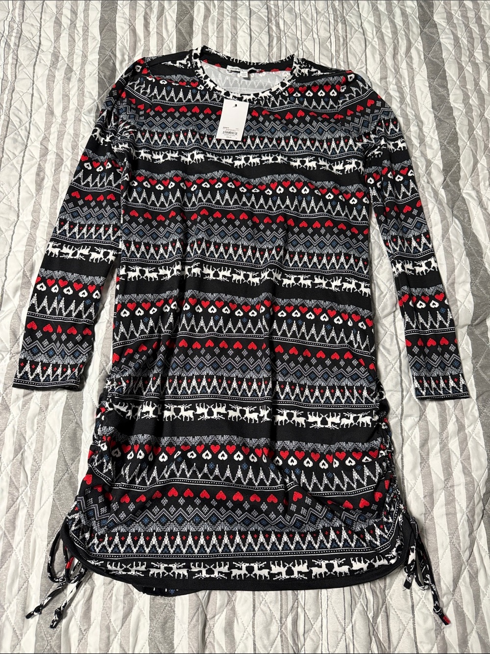 Black & Red Nordic Print Long Sleeve Dress with Side Ties